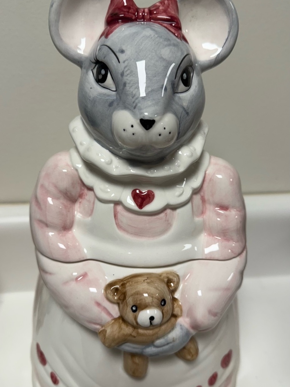 Hand-Painted Ceramic Mouse Figurine in Gray and Pink with Teddy Accent